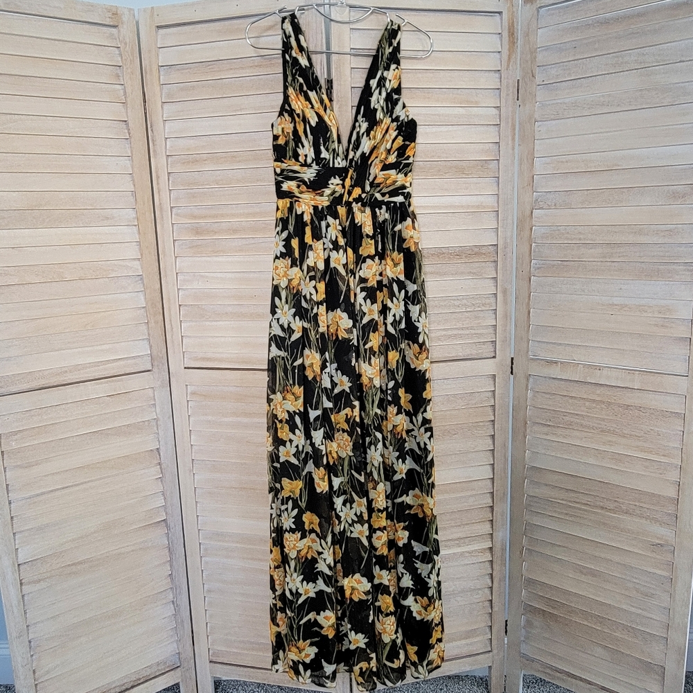 Aidan by Aidan Mattox Floral Yellow Black Maxi Long Dress Wedding Formal size 0 - Picture 2 of 5